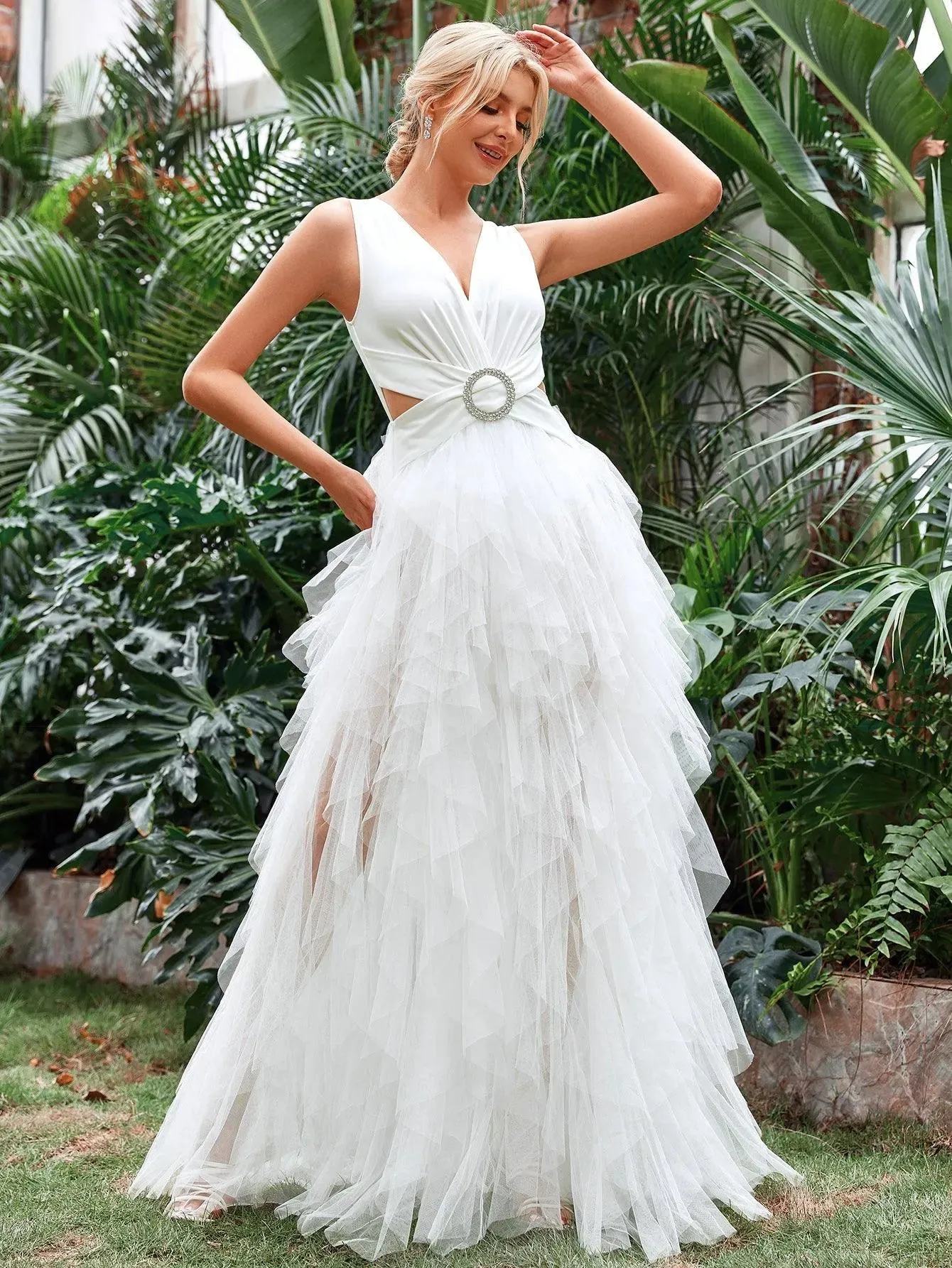 Cut Out Waist Layered Tulle A Line Wedding Dress