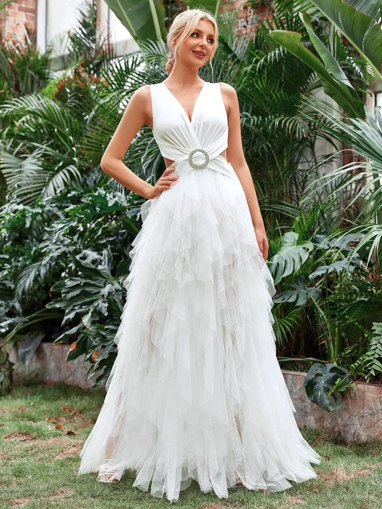 Cut Out Waist Layered Tulle A Line Wedding Dress