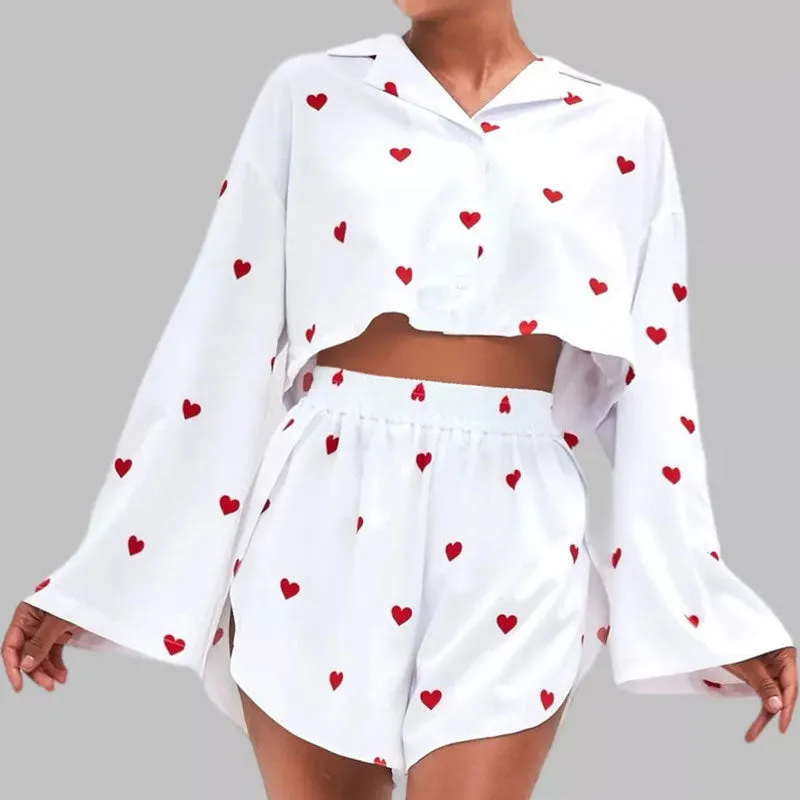 Cute Heart Print Bell Sleeve Crop Button Up Split Shorts Satin Lounge Set