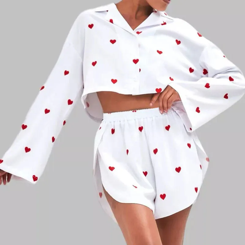 Cute Heart Print Bell Sleeve Crop Button Up Split Shorts Satin Lounge Set