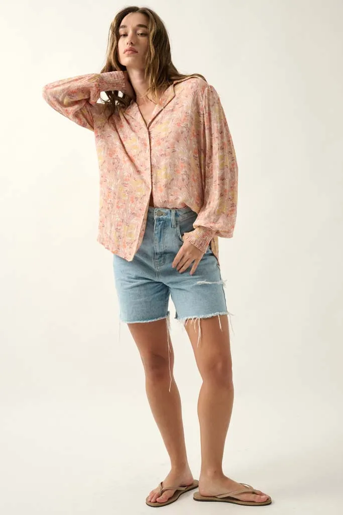 Delicate Dawn Floral Crepe Smocked-Cuff Top