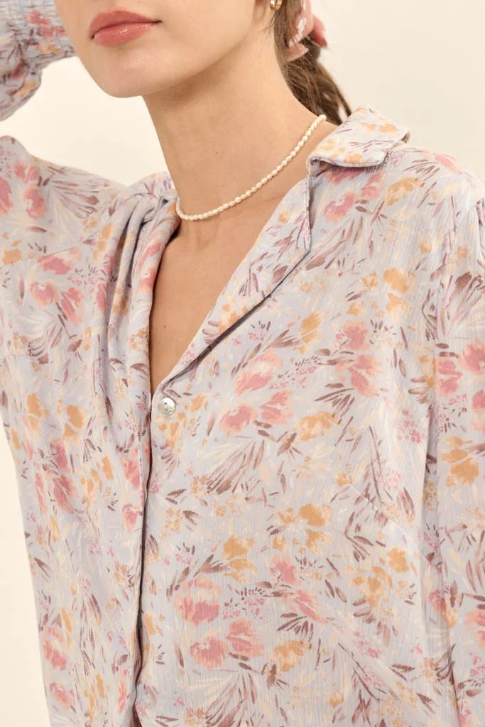 Delicate Dawn Floral Crepe Smocked-Cuff Top