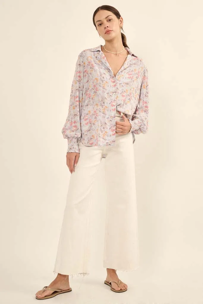 Delicate Dawn Floral Crepe Smocked-Cuff Top