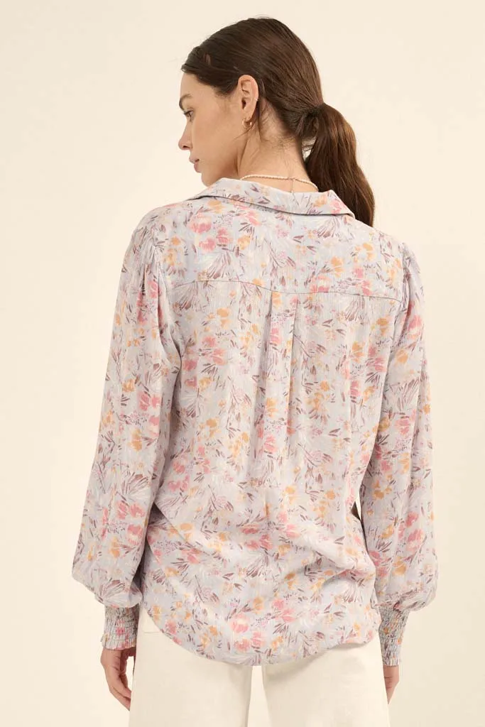 Delicate Dawn Floral Crepe Smocked-Cuff Top