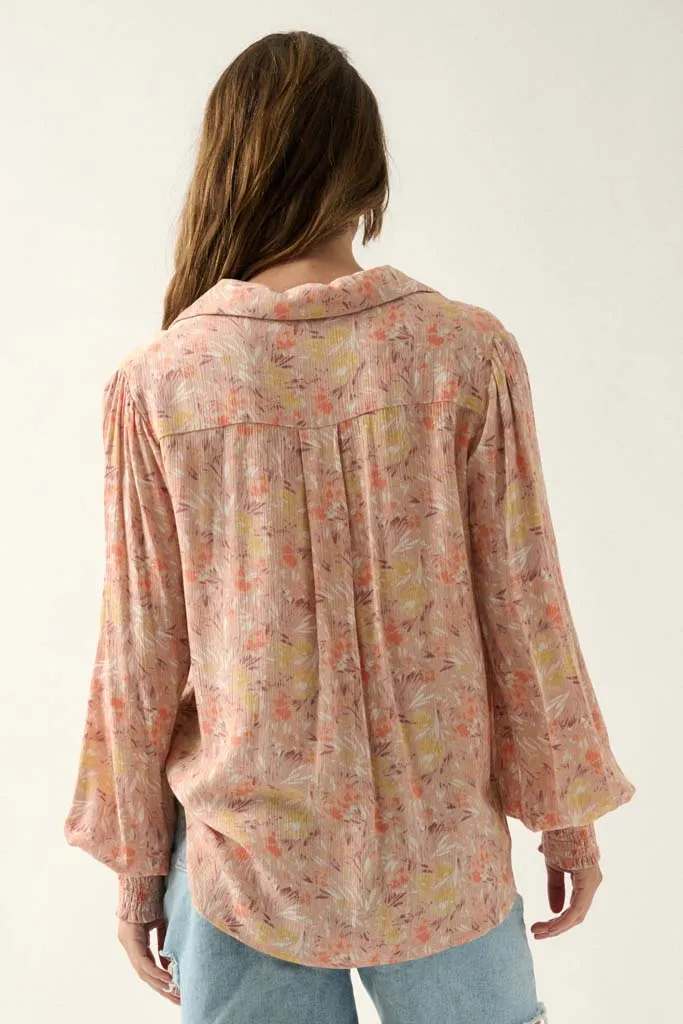 Delicate Dawn Floral Crepe Smocked-Cuff Top