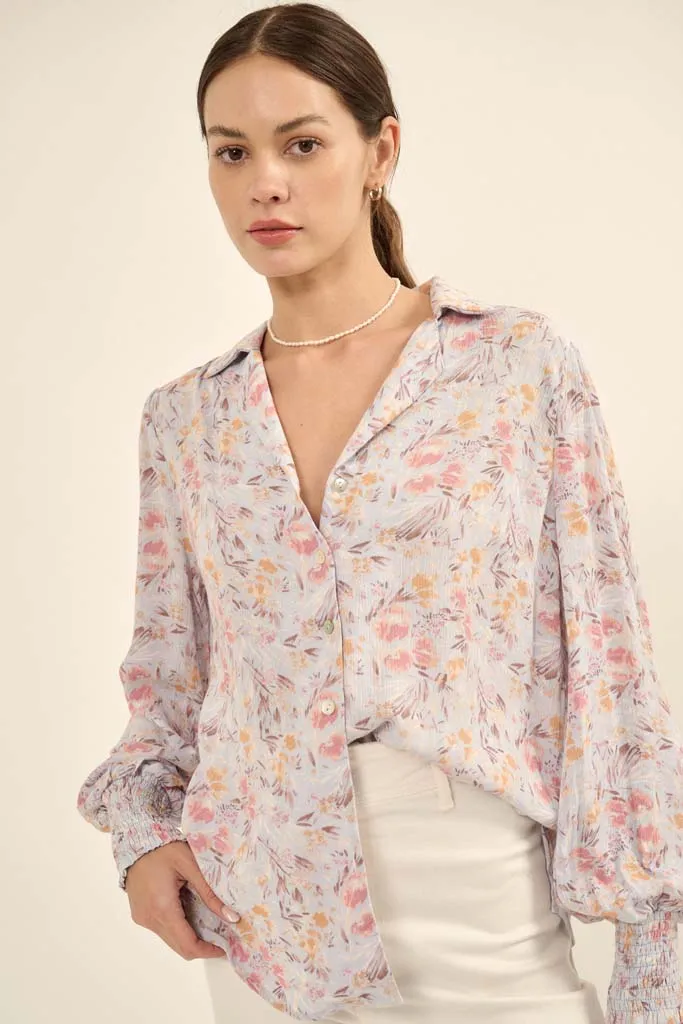 Delicate Dawn Floral Crepe Smocked-Cuff Top