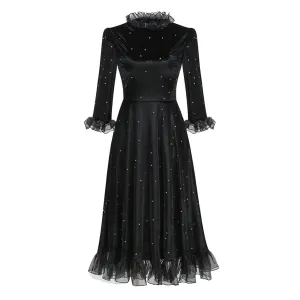 Elegant Crystal Embellished Ruffled Neck Elbow Sleeve Velvet Midi Dress