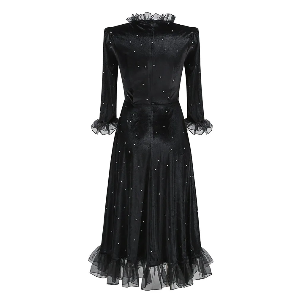 Elegant Crystal Embellished Ruffled Neck Elbow Sleeve Velvet Midi Dress