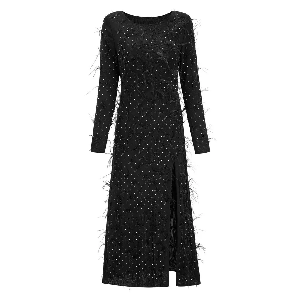 Elegant Faux Feather Rhinestone Mesh Long Sleeve High Split Evening Maxi Dress