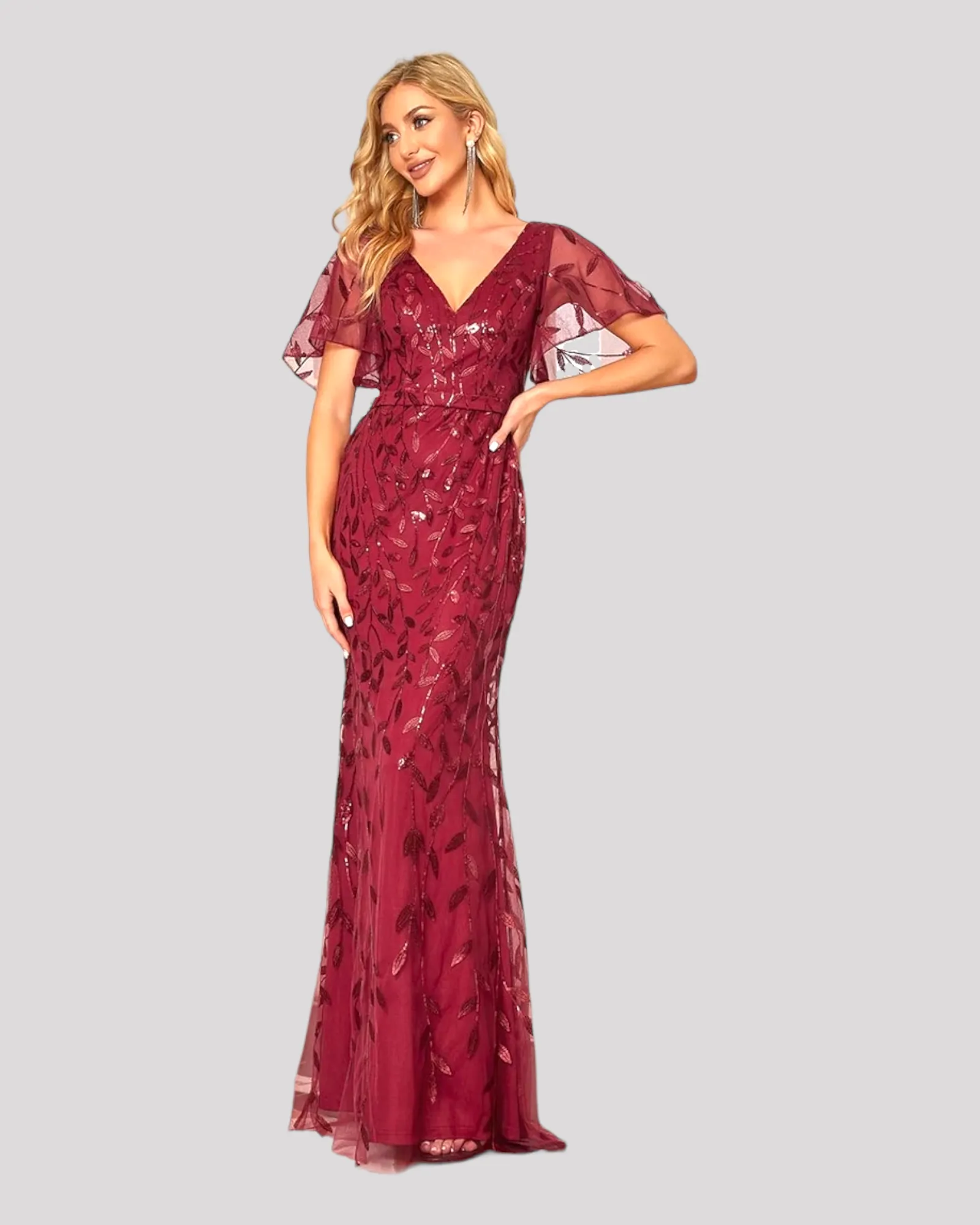 Elegant Long Mermaid Dresses with V neckline and Floating Sleeves