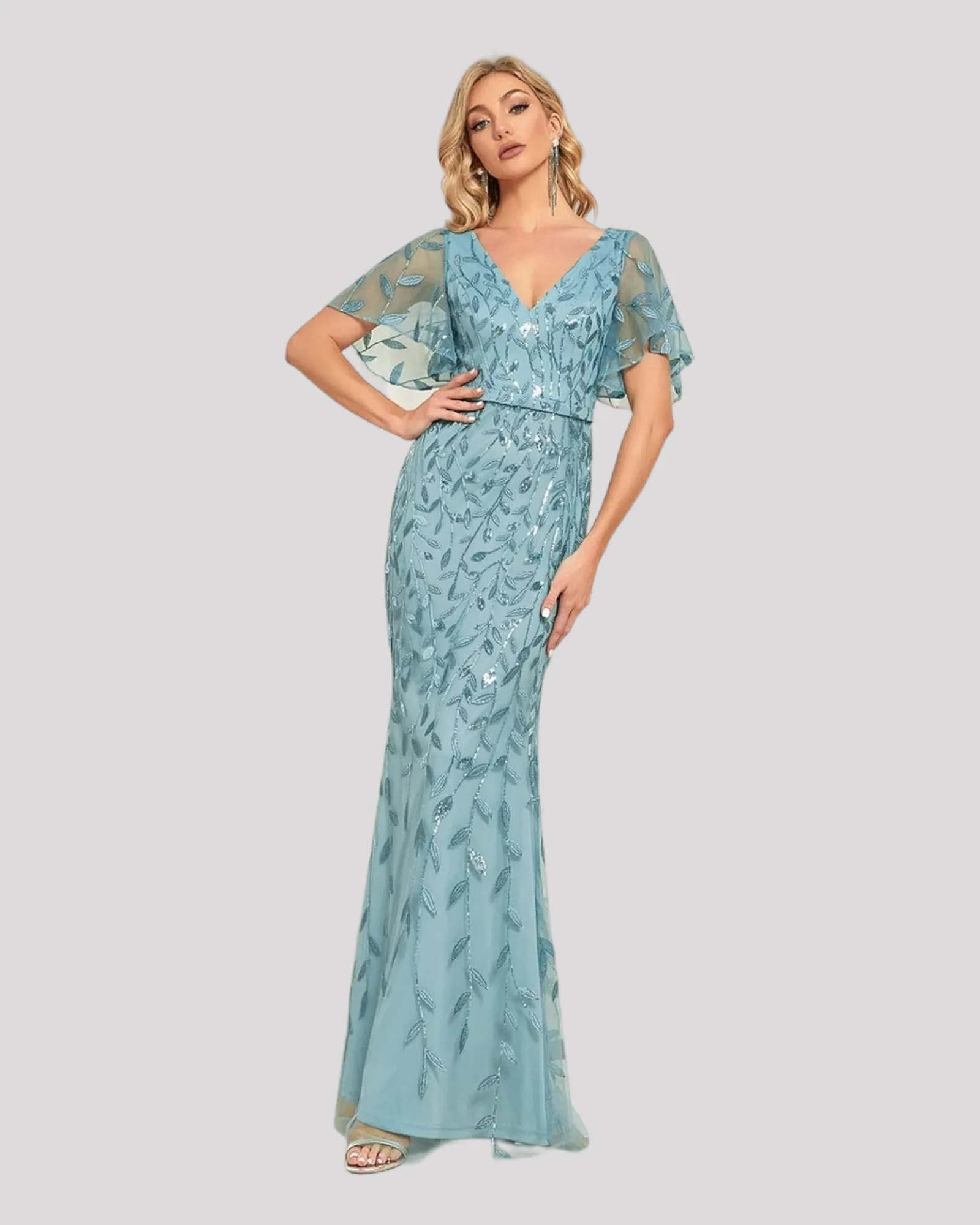 Elegant Long Mermaid Dresses with V neckline and Floating Sleeves