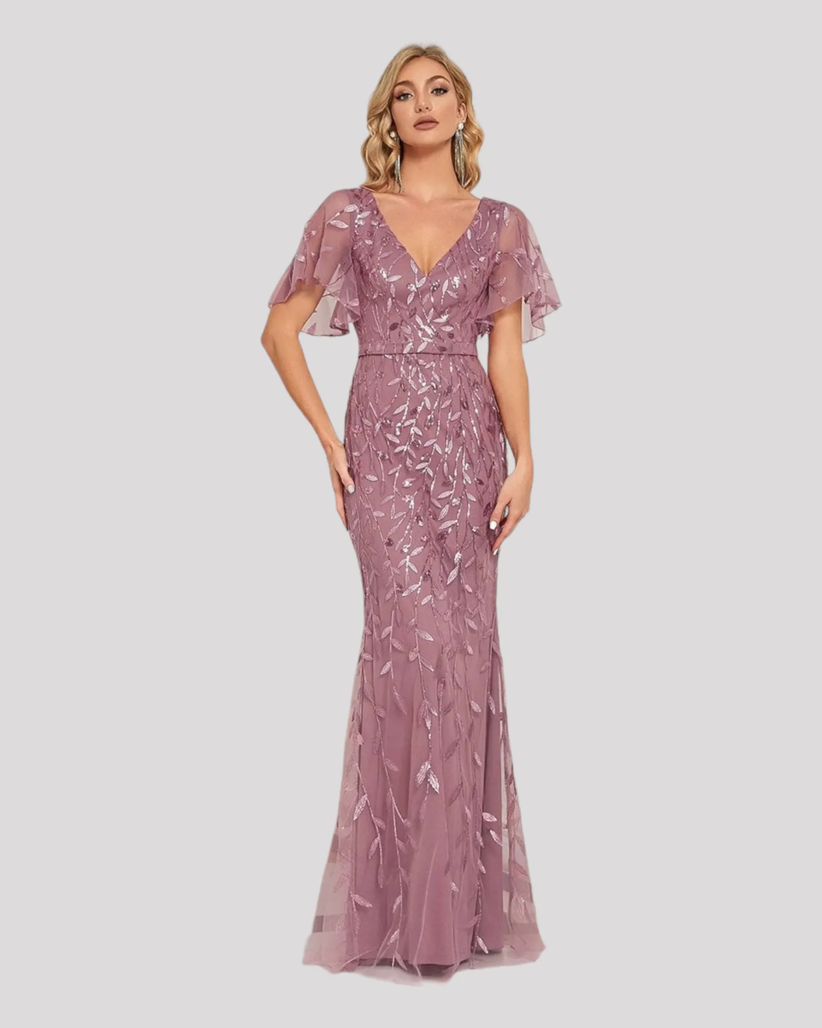 Elegant Long Mermaid Dresses with V neckline and Floating Sleeves