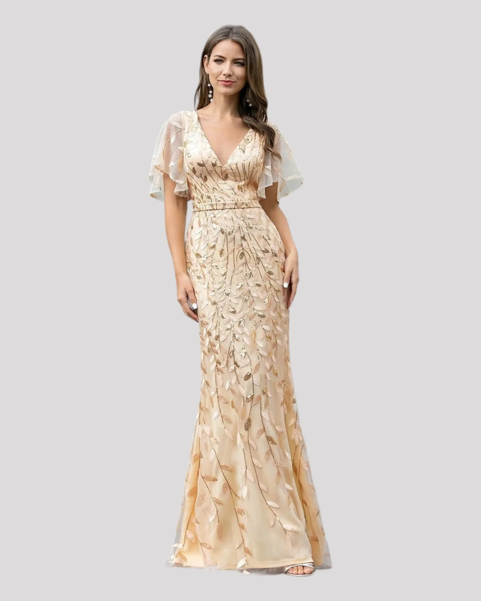 Elegant Long Mermaid Dresses with V neckline and Floating Sleeves