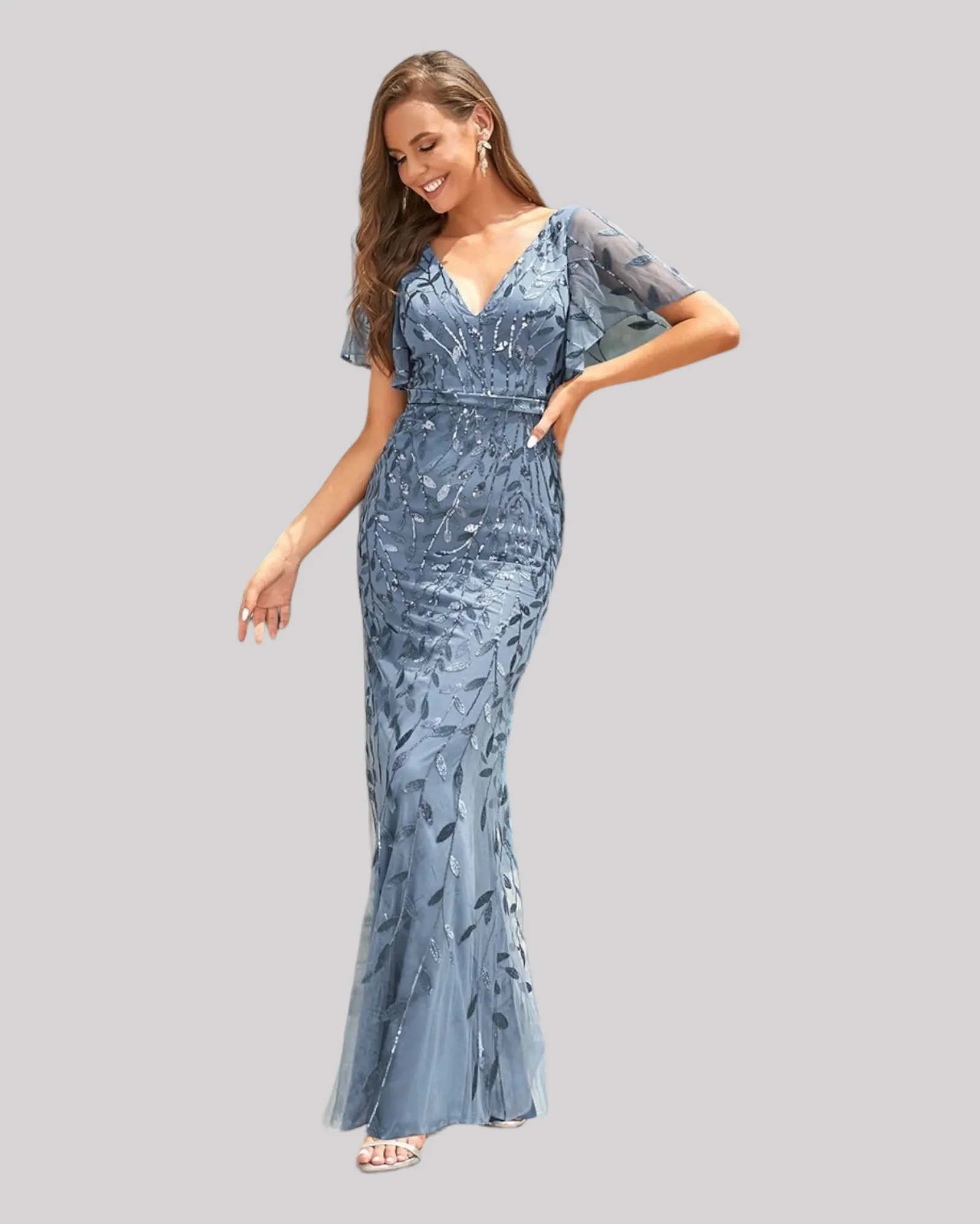 Elegant Long Mermaid Dresses with V neckline and Floating Sleeves