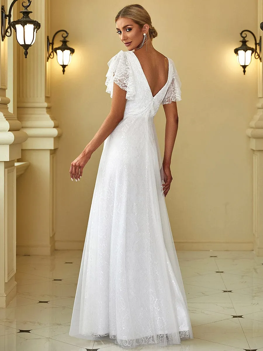 Elegant Maxi Lace Elopement Wedding Dress with Ruffle Sleeves