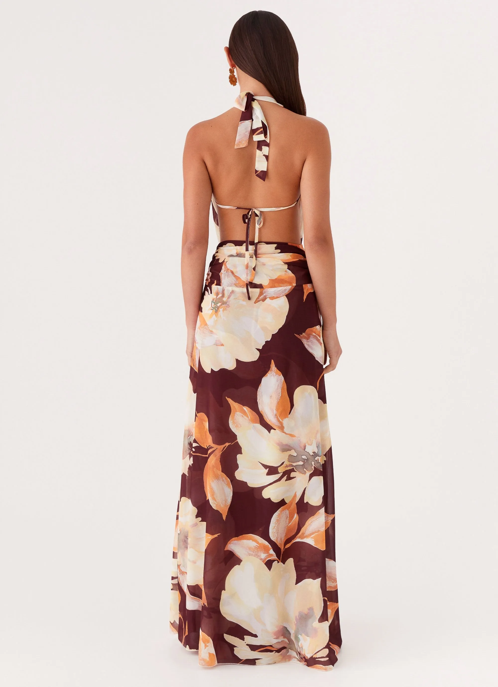 Elysia Chiffon Maxi Dress - Brown Floral