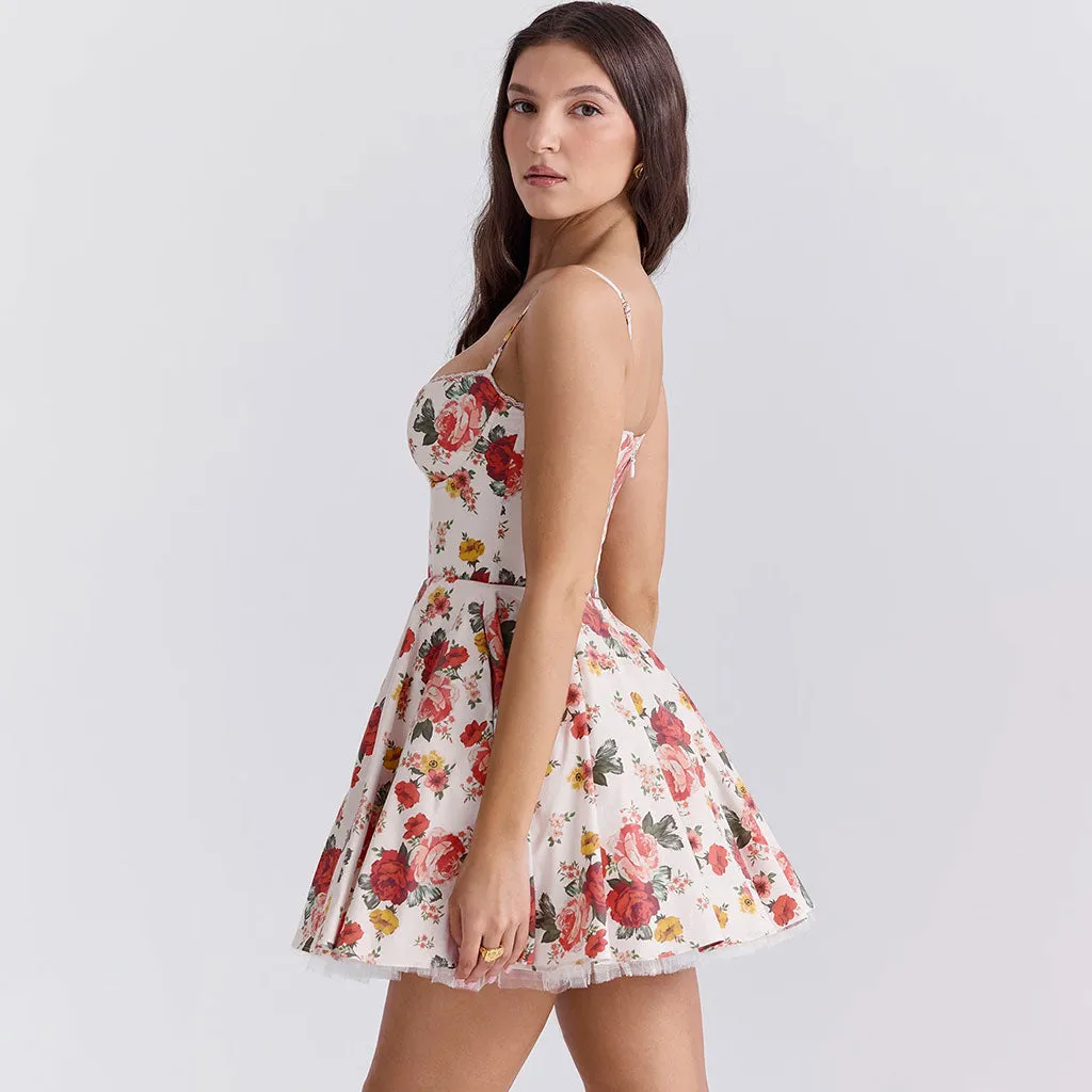 Floating Rose Print Cami Scalloped Bustier Fit and Flare Tulle Mini Sundress