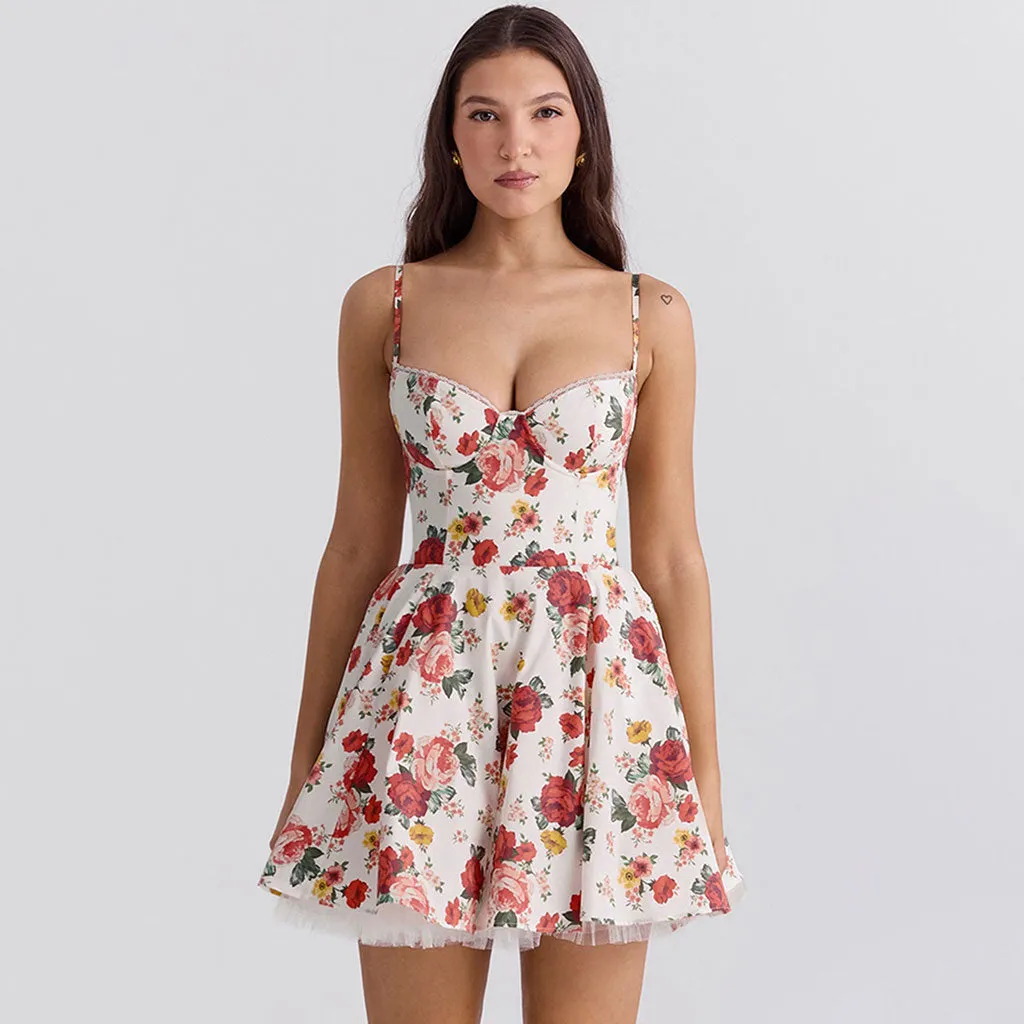 Floating Rose Print Cami Scalloped Bustier Fit and Flare Tulle Mini Sundress