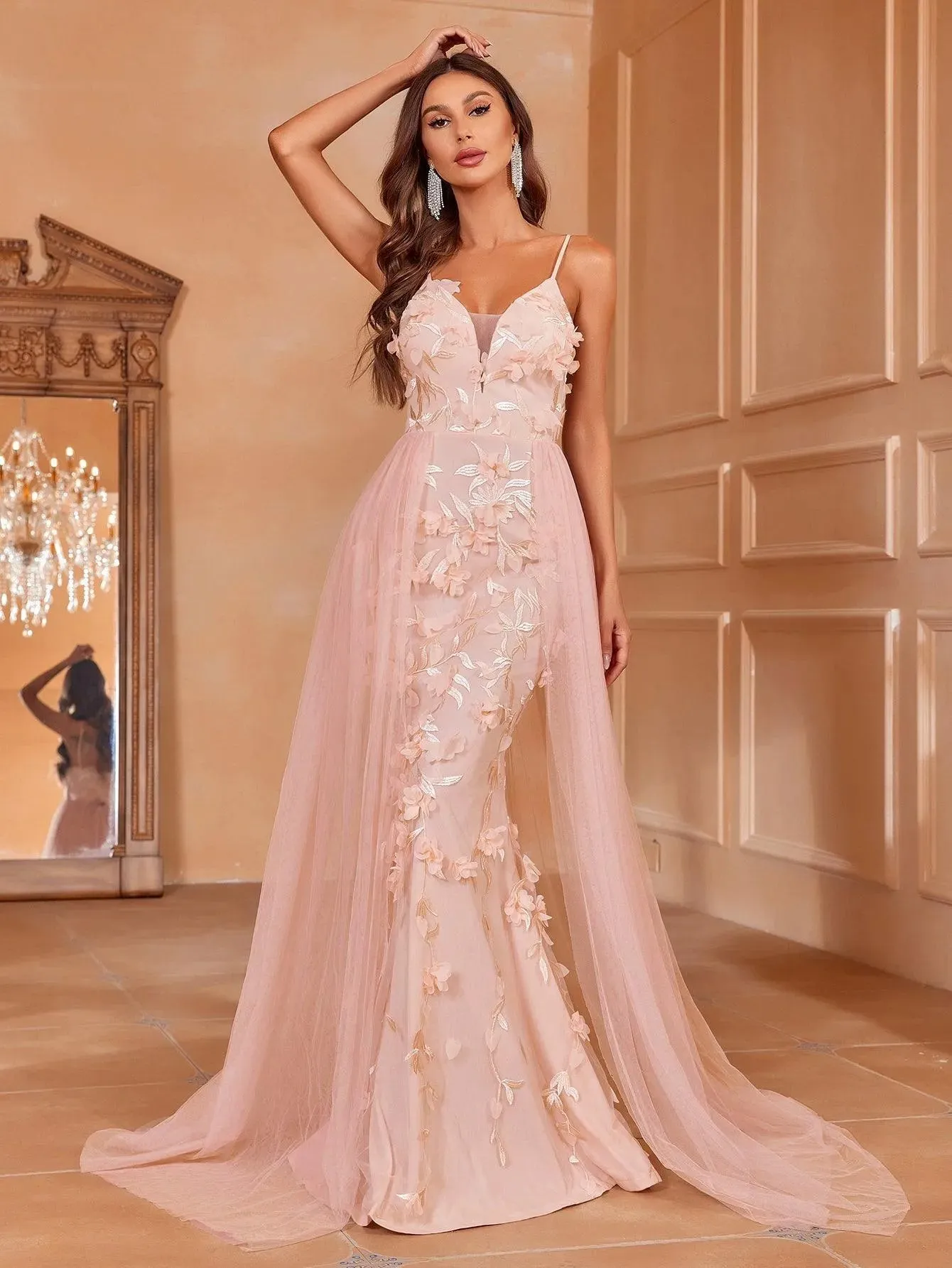 Floral-Accented Tulle Gown with Train