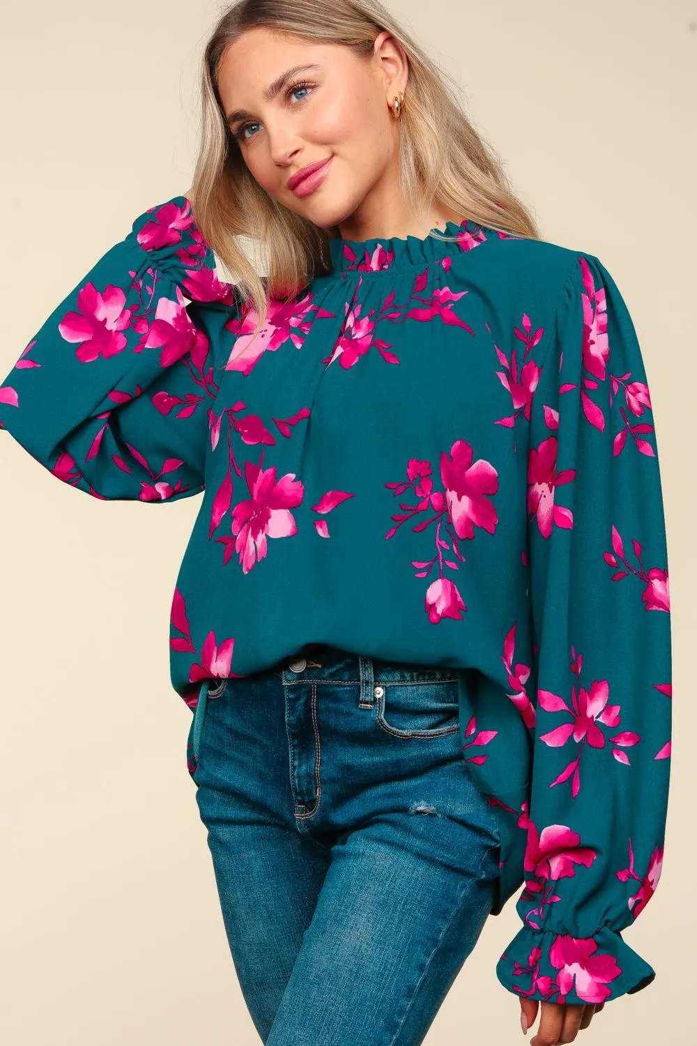 Floral Frilled Mock Neck Blouse