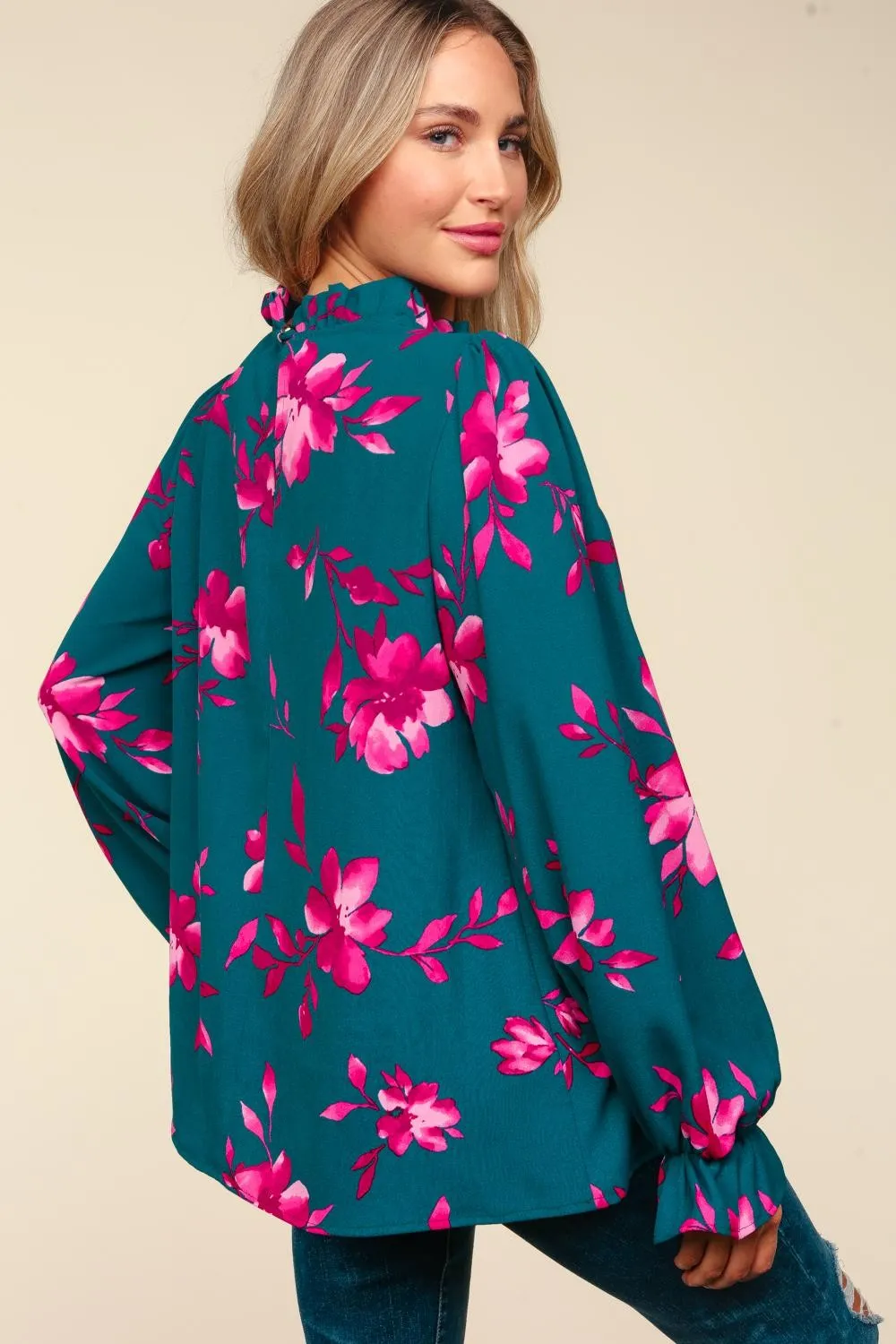 Floral Frilled Mock Neck Blouse