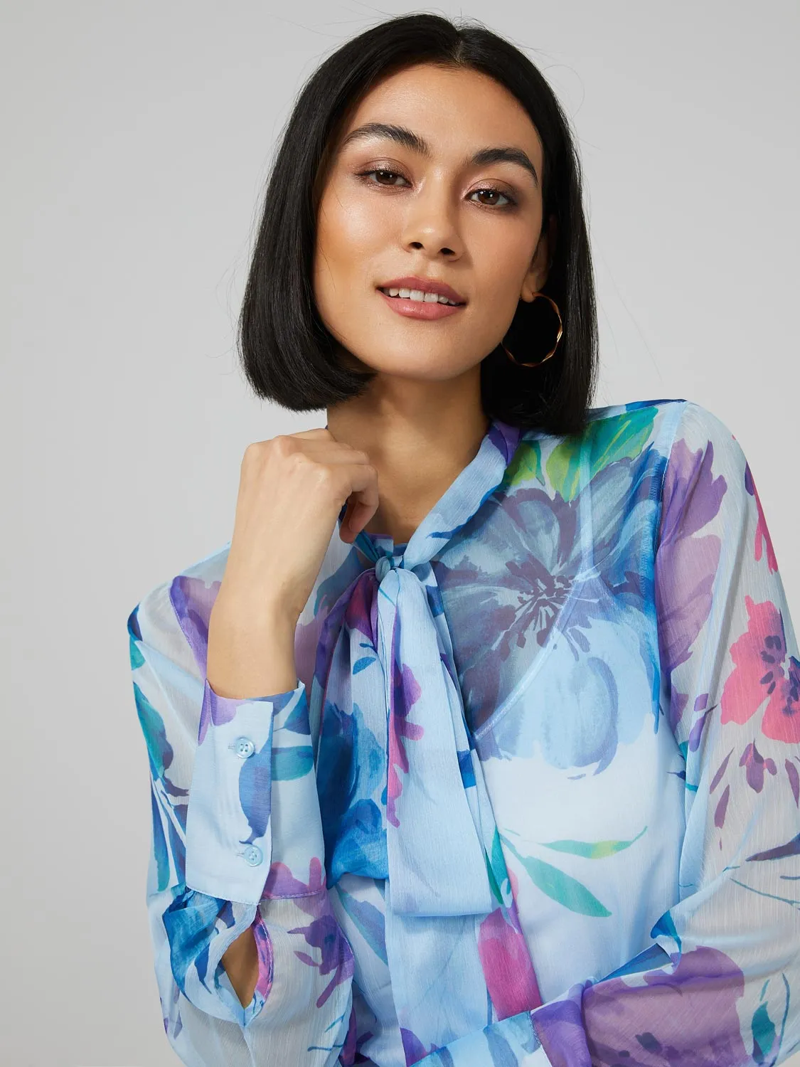 Floral Print Chiffon Blouse With Neck Tie