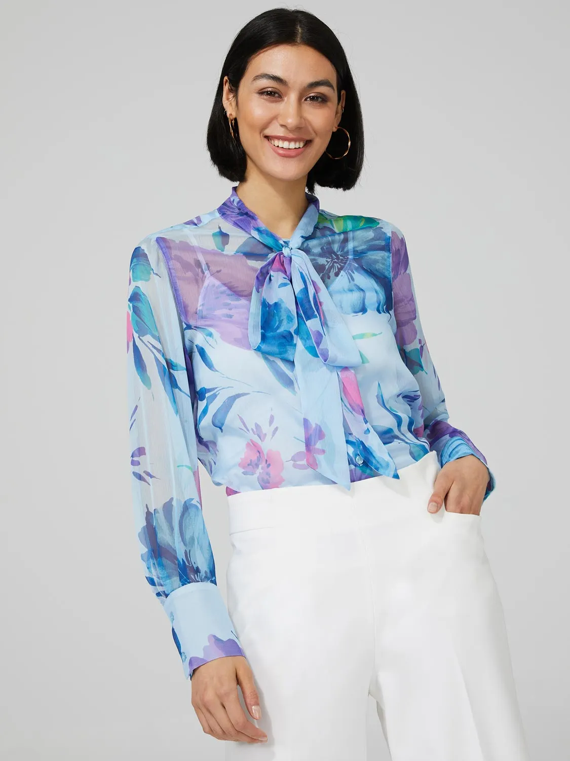 Floral Print Chiffon Blouse With Neck Tie