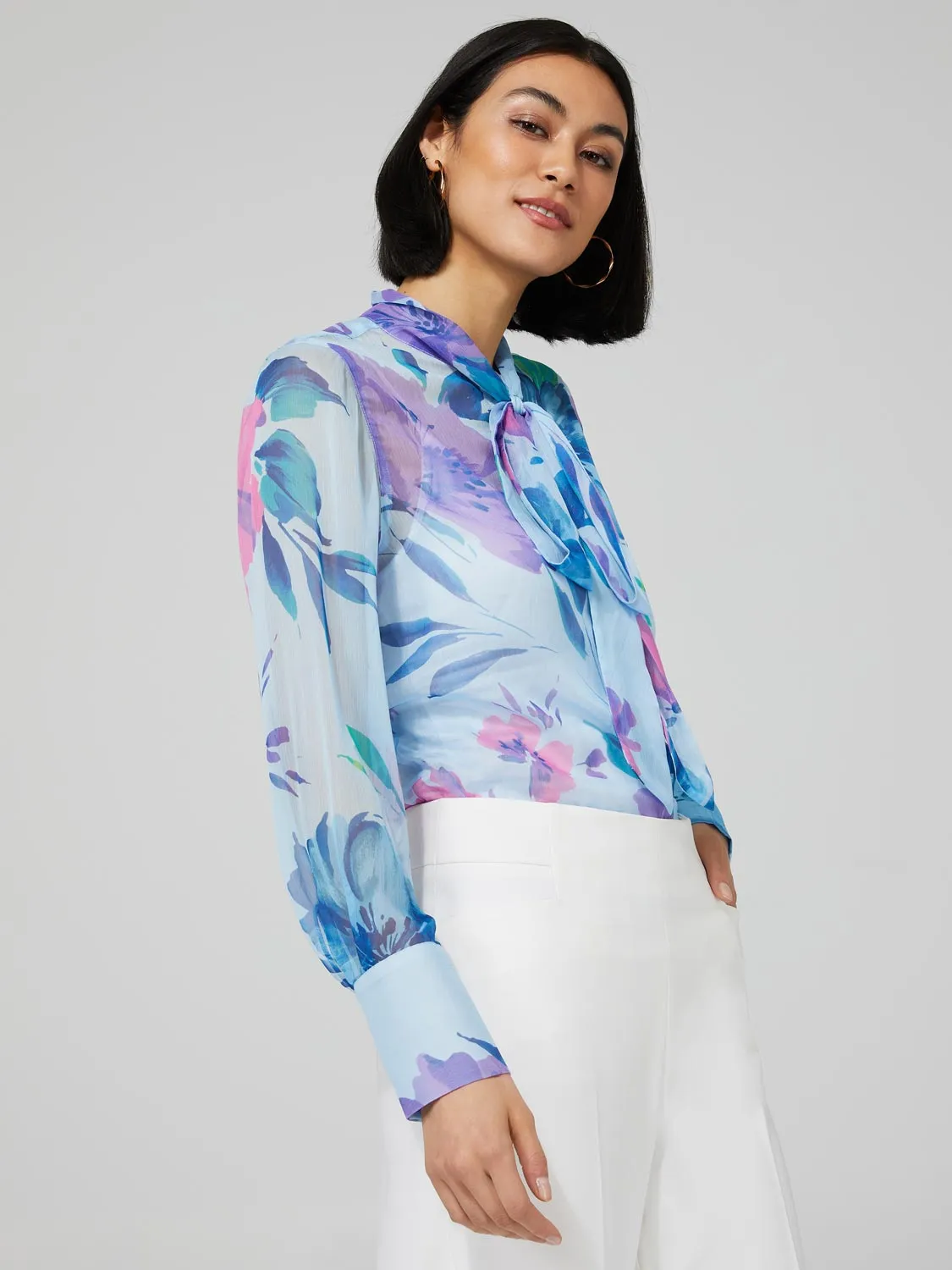 Floral Print Chiffon Blouse With Neck Tie