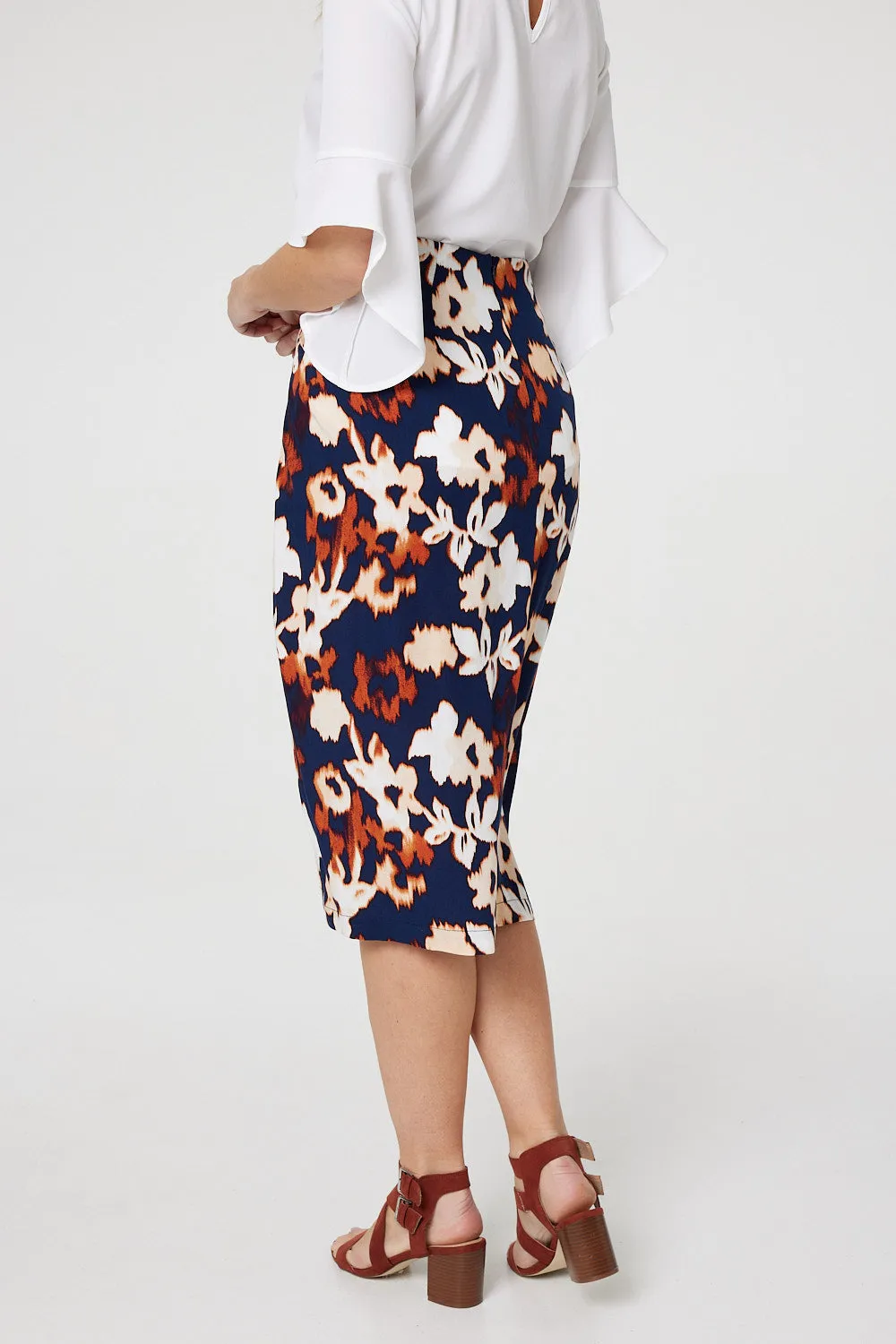 Floral Ruched High Waist Midi Skirt