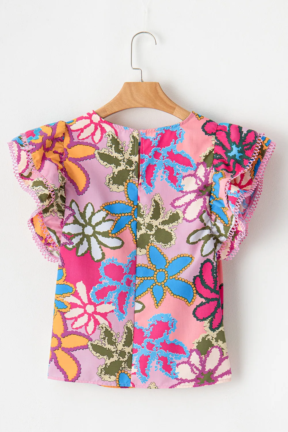 Green Vibrant Floral Print Trimmed Ruffle Sleeve Blouse