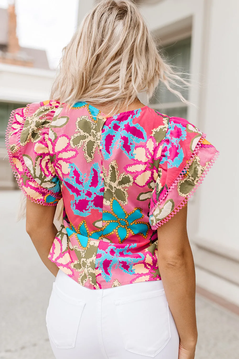 Green Vibrant Floral Print Trimmed Ruffle Sleeve Blouse