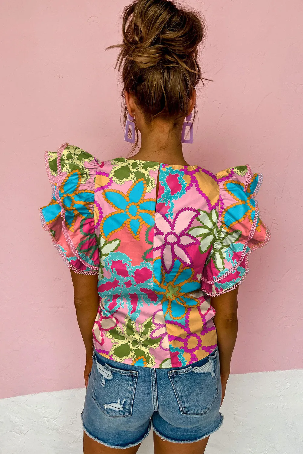 Green Vibrant Floral Print Trimmed Ruffle Sleeve Blouse