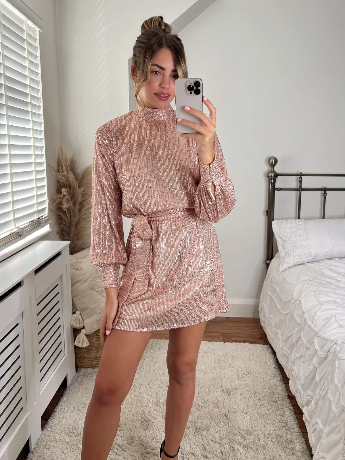 Hannah Sequin High Neck Mini Dress / Rose Gold