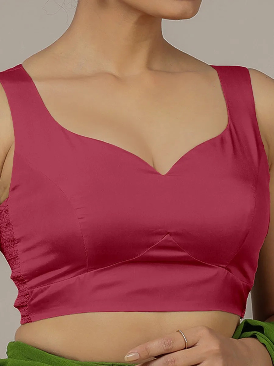 Ishika x Rozaana | Rani Pink Sleeveless FlexiFit™ Saree Blouse with Beetle Leaf Neckline and Back Cut-out with Tie-Up