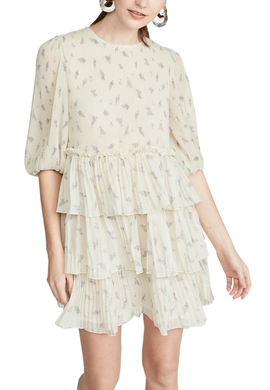 Ivory Tiered Ruffle Floral Print Georgette Mini Dress