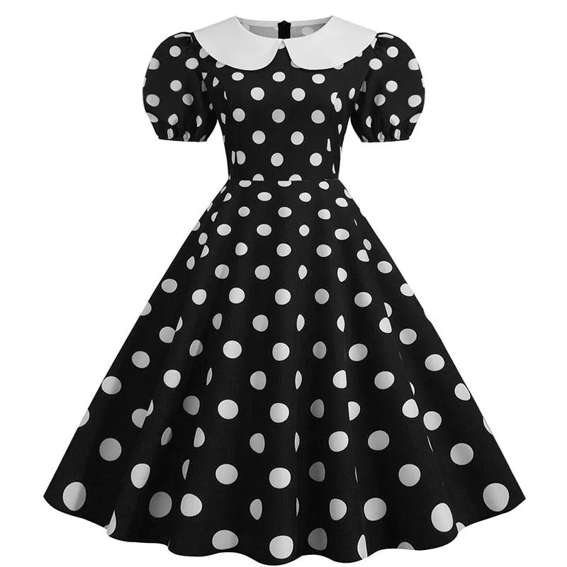 Jane Retro Party Dress, Puff Short Sleeve Polka Dot Vintage Dress Women Summer Peter pan A-line Midi Long Party Sundress