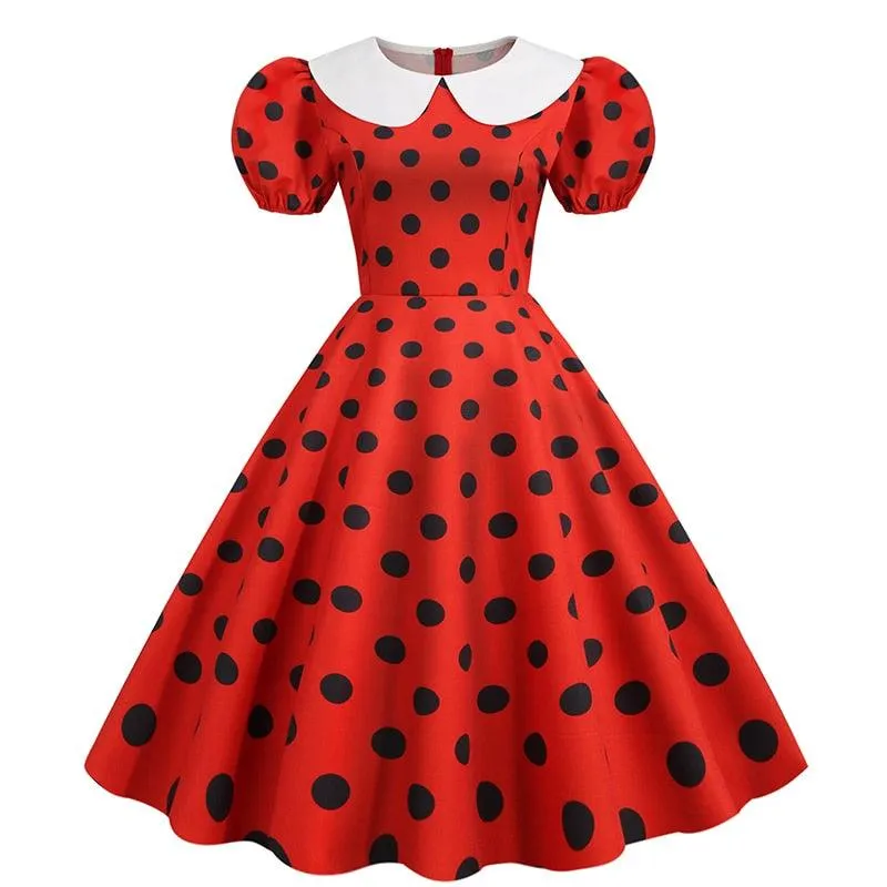 Jane Retro Party Dress, Puff Short Sleeve Polka Dot Vintage Dress Women Summer Peter pan A-line Midi Long Party Sundress