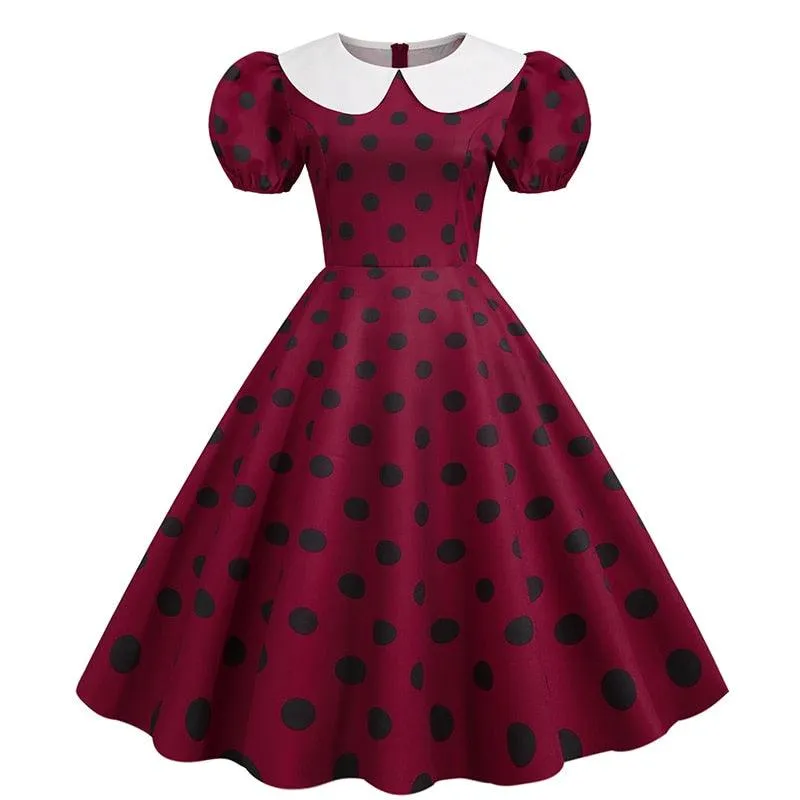 Jane Retro Party Dress, Puff Short Sleeve Polka Dot Vintage Dress Women Summer Peter pan A-line Midi Long Party Sundress