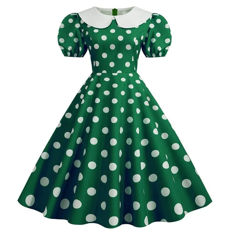 Jane Retro Party Dress, Puff Short Sleeve Polka Dot Vintage Dress Women Summer Peter pan A-line Midi Long Party Sundress