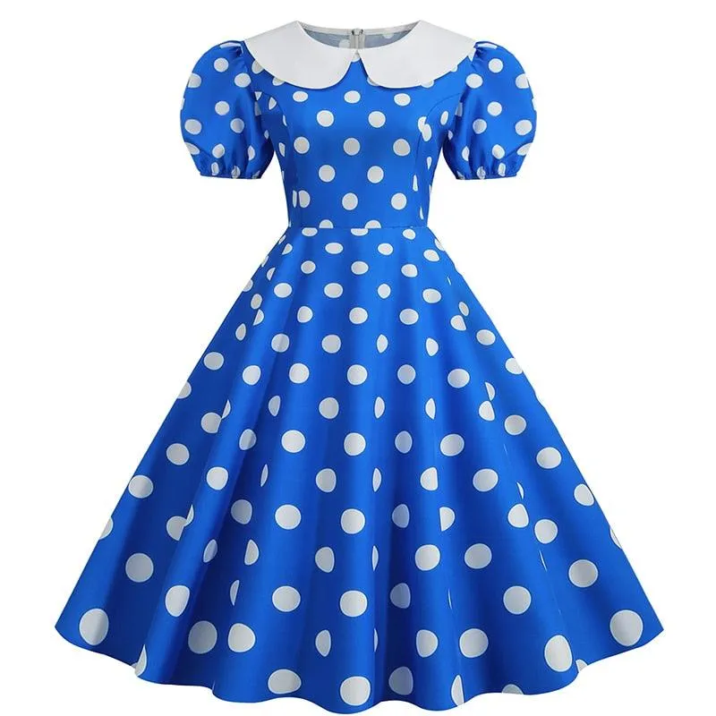 Jane Retro Party Dress, Puff Short Sleeve Polka Dot Vintage Dress Women Summer Peter pan A-line Midi Long Party Sundress