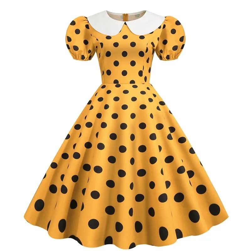 Jane Retro Party Dress, Puff Short Sleeve Polka Dot Vintage Dress Women Summer Peter pan A-line Midi Long Party Sundress