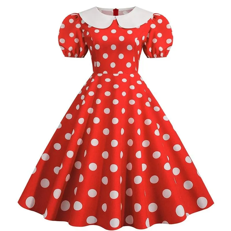 Jane Retro Party Dress, Puff Short Sleeve Polka Dot Vintage Dress Women Summer Peter pan A-line Midi Long Party Sundress