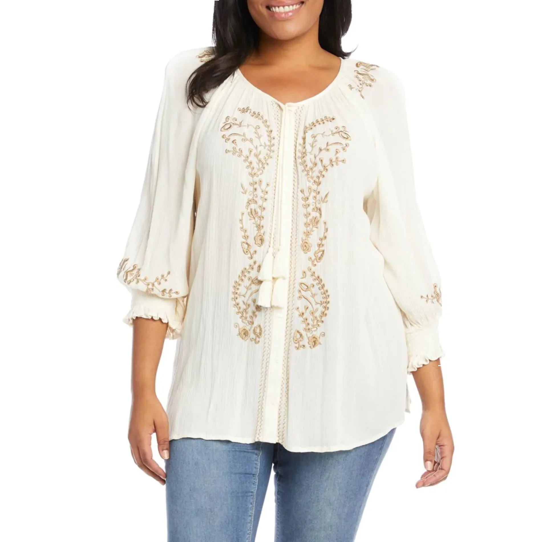 KAREN KANE Plus Floral Embroidered Tassels Button Front Peasant Blouse Top