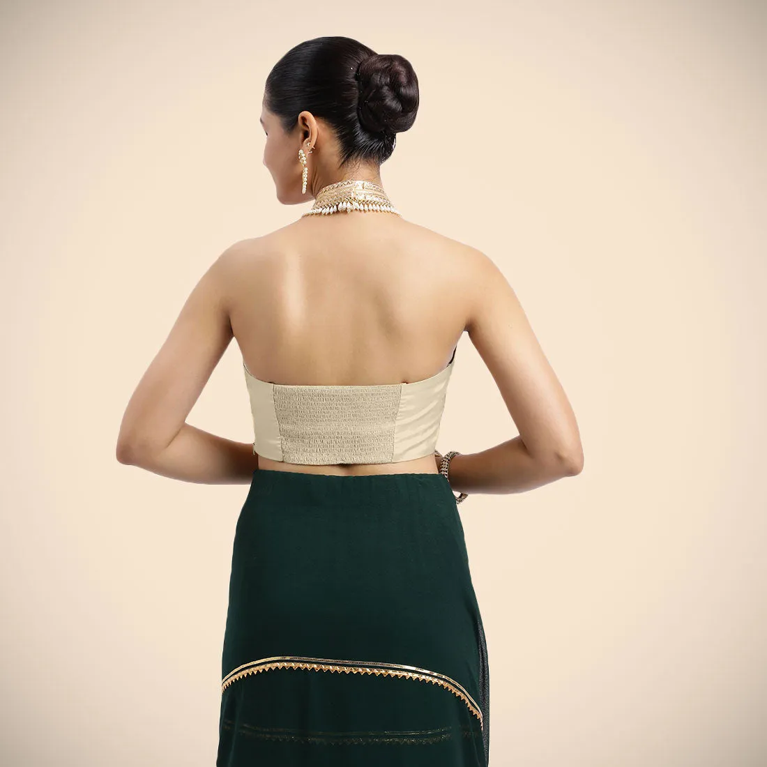 Laila x Tyohaar | Cream Halterneck FlexiFit™ Saree Blouse with Heavy Golden Gota and Pearl Embellishments