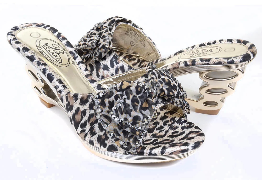 Leopard Jeweled Cut-out Strappy Slide Open-toe Sandal Heels DW1133