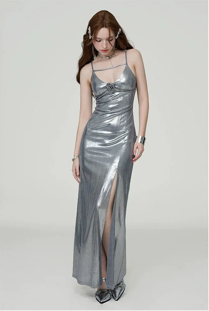 Metallic Sheen Slip Dress with Thigh-High Split