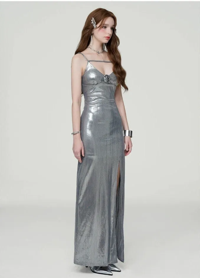 Metallic Sheen Slip Dress with Thigh-High Split