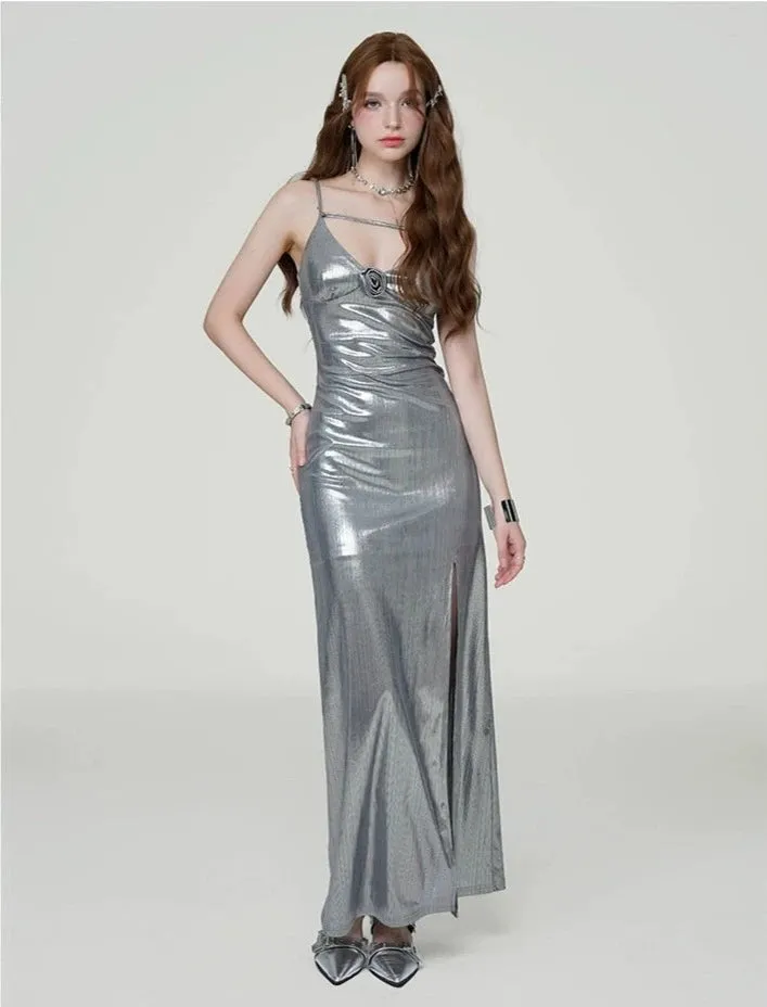 Metallic Sheen Slip Dress with Thigh-High Split