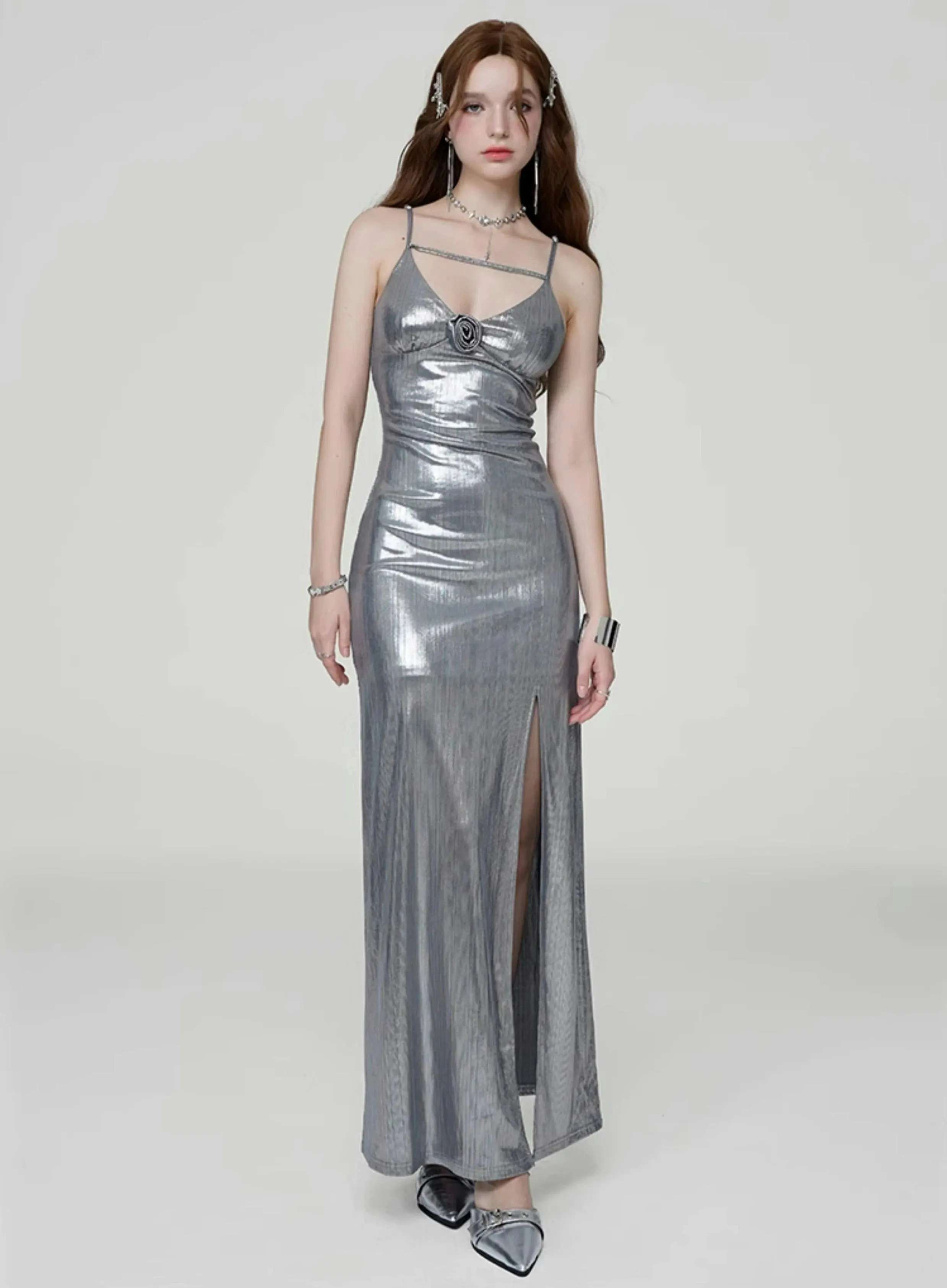 Metallic Sheen Slip Dress with Thigh-High Split