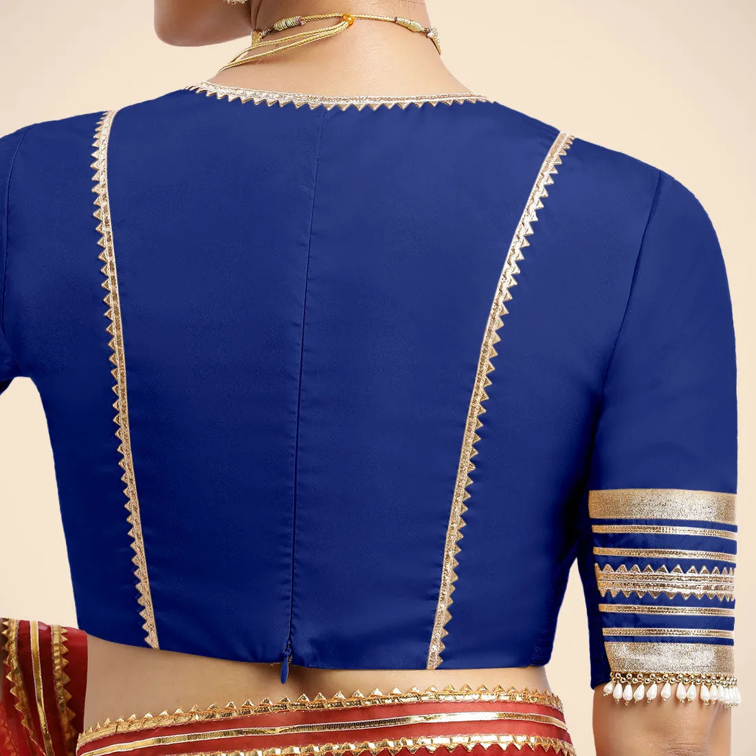 Nafeeza x Tyohaar | Cobalt Blue Embellished Elbow Sleeves FlexiFit™ Saree Blouse with Plunging V Neckline with Tasteful Golden Gota Lace